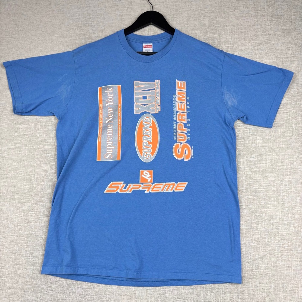 Supreme Multi Logos Tee Blue Mens Large Graphic T-Shirt 2021 USA Cotton